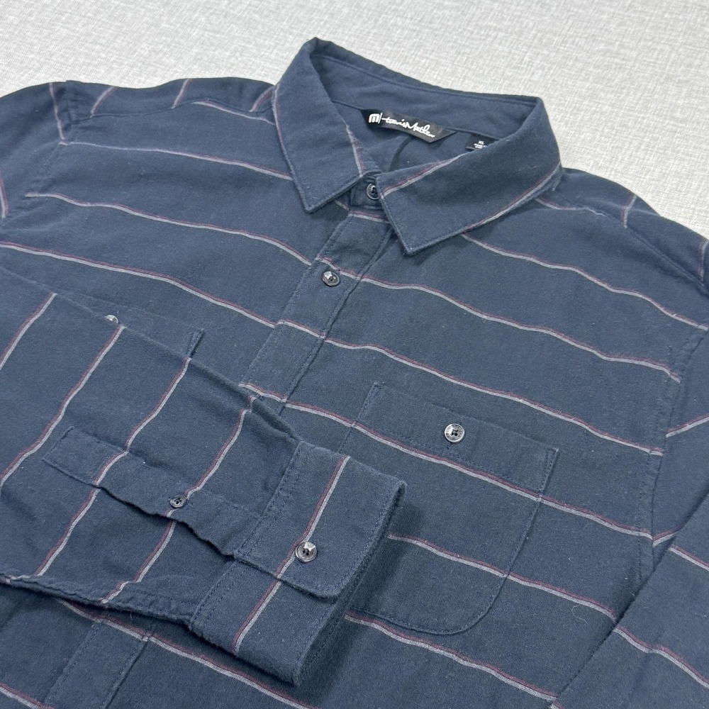 Travis Mathew Shirt Mens XL Blue Long Sleeve‎ Button Up Striped Jersey Casual